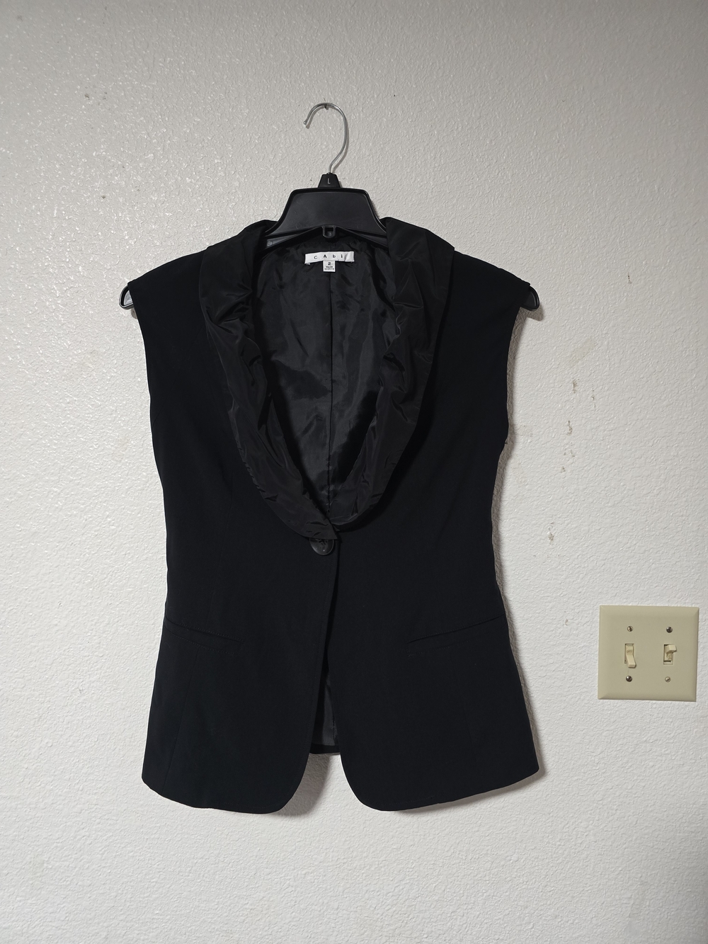 CAbi Black Sleeveless Blazer Vest with Draped Shawl Collar